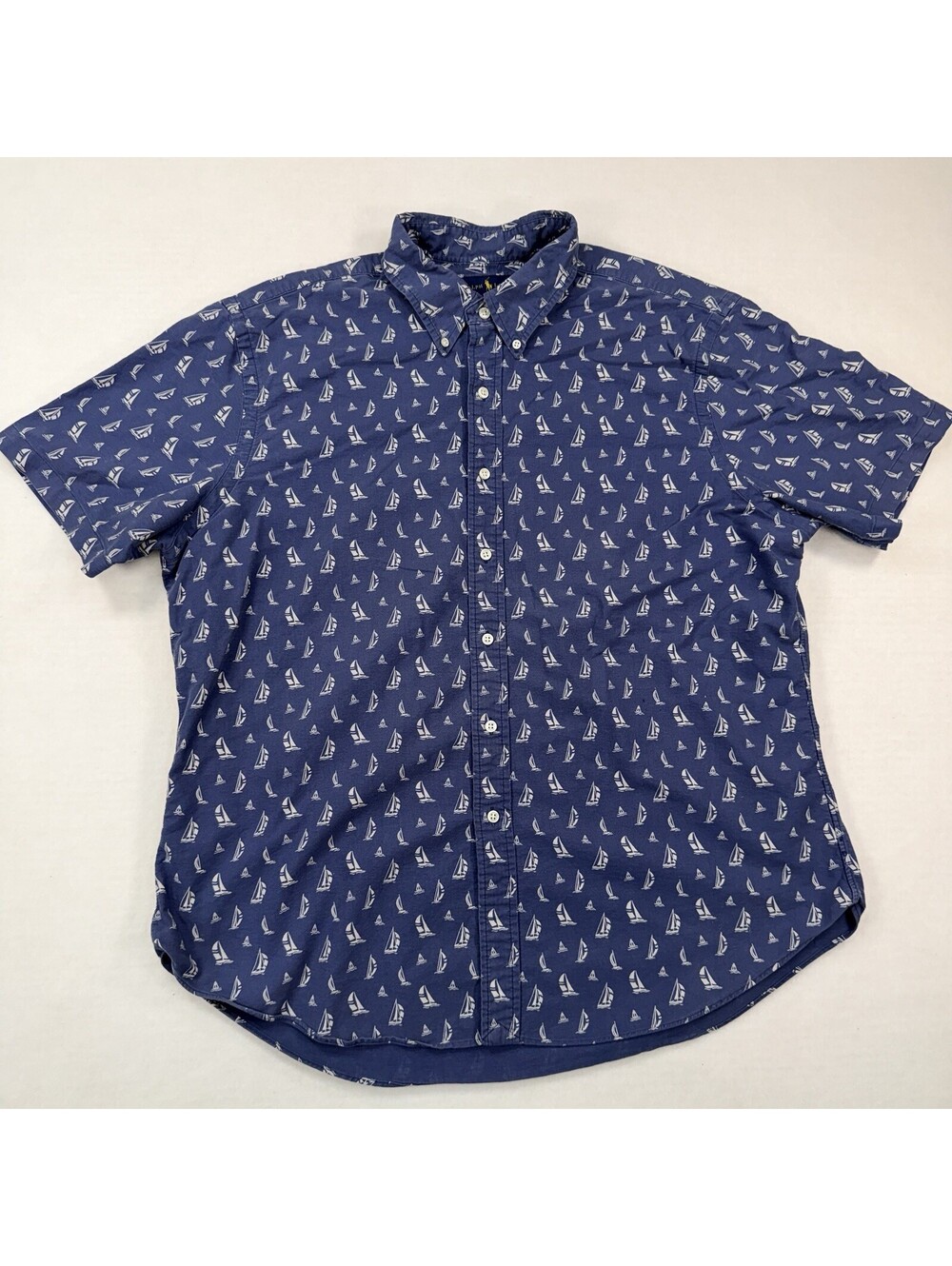 Ralph Lauren Mens XXL Slim Fit Short Sleeve Shirt Blue Sailboat Button Down